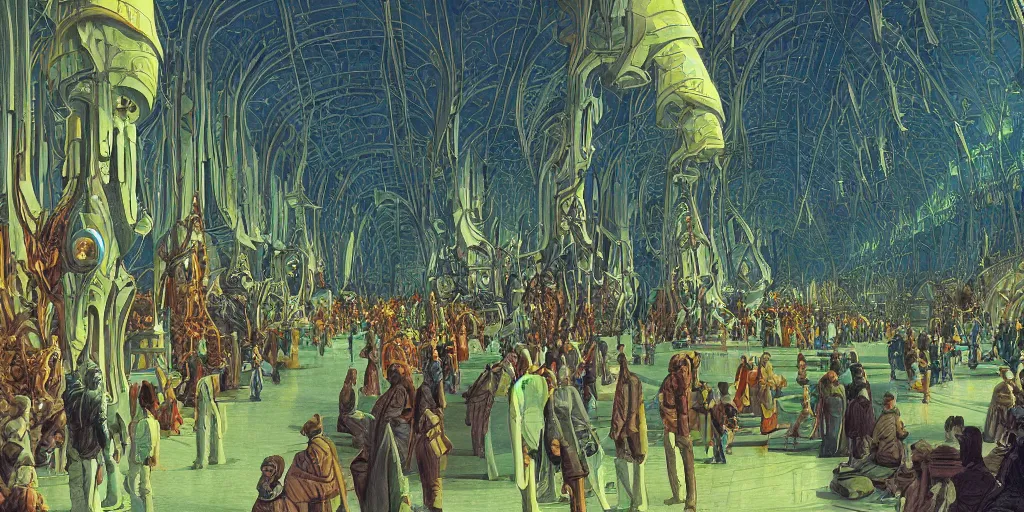 Image similar to a cinematic shot of the interior of a sci - fi space station with ornate elven architecture bustling with people by jean giraud moebius, crystalline, emerald, matte illustration by moebius