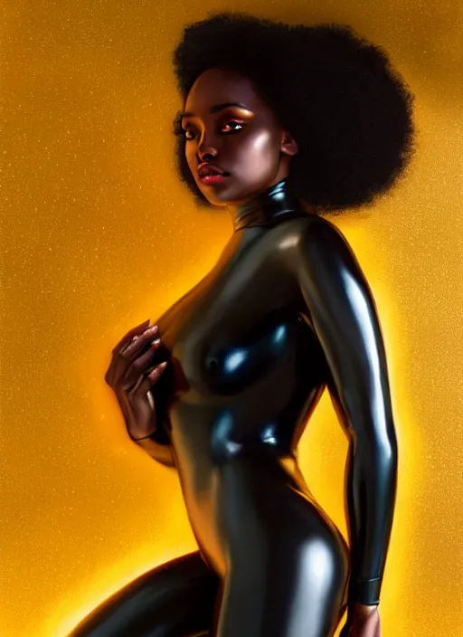 Image similar to a gorgeous black woman oil painting, soft lighting, wearing shiny gold catsuit, illuminated only by floating, glowing alien symbols, realistic, smooth face, perfect eyes, wide angle, sharp focus on eyes, 8 k high definition, insanely detailed, intricate, elegant, art by artgerm, livia prima and wlop