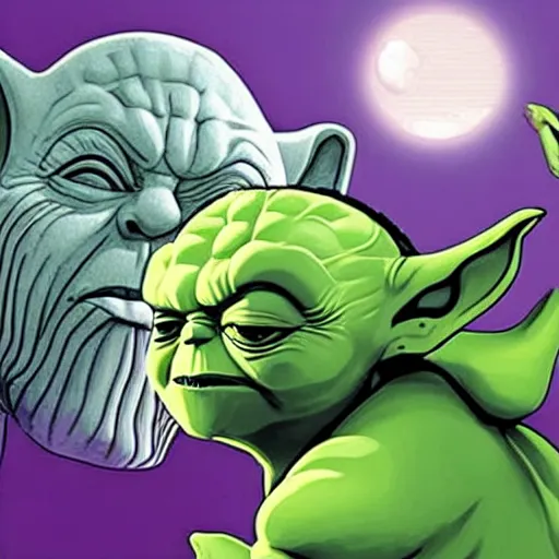 Image similar to photo of thanos sleeping in bed next to yoda