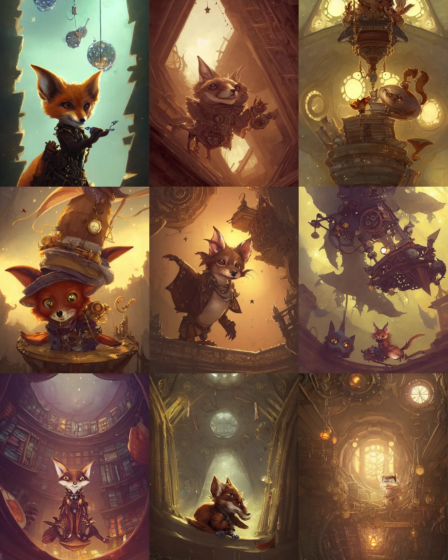 Prompt: cute steampunk fox goblin with a polygonal library walls and glass ceilings showing the stars and hanging silk drapery and tapestries, light dust, magnificent, close up, details, sharp focus, elegant, highly detailed, illustration, by Jordan Grimmer and greg rutkowski and PiNe(パイネ) and 薯子Imoko and 香川悠作 and wlop and maya takamura, intricate, beautiful, Trending artstation, pixiv, digital Art