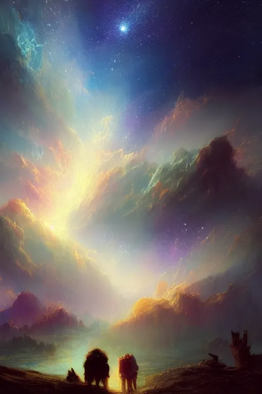 Image similar to A beautiful illustration of a >a colorful nebula kitten galaxy colored Ecru, art by J.M.W. Turner< in the distance landscape surrounded by a lake, hills, blue sky with big clouds by greg rutkowski,borisut chamnan, makoto shinkai and thomas cole, graphic art, anime culture,featured on behance, digital art wallpapers