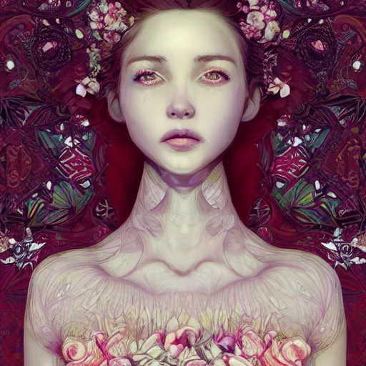 Image similar to the portrait of an absurdly beautiful, graceful, elegant, sophisticated, fashionable young woman made of strawberries and white petals with tears, an ultrafine hyperdetailed illustration by kim jung gi, irakli nadar, intricate linework, bright colors, octopath traveler, final fantasy, unreal engine 5 highly rendered, global illumination, radiant light, detailed and intricate environment