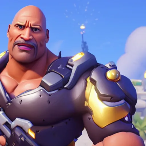 Image similar to screenshot from overwatch dwayne the rock johnson as a fortnite character