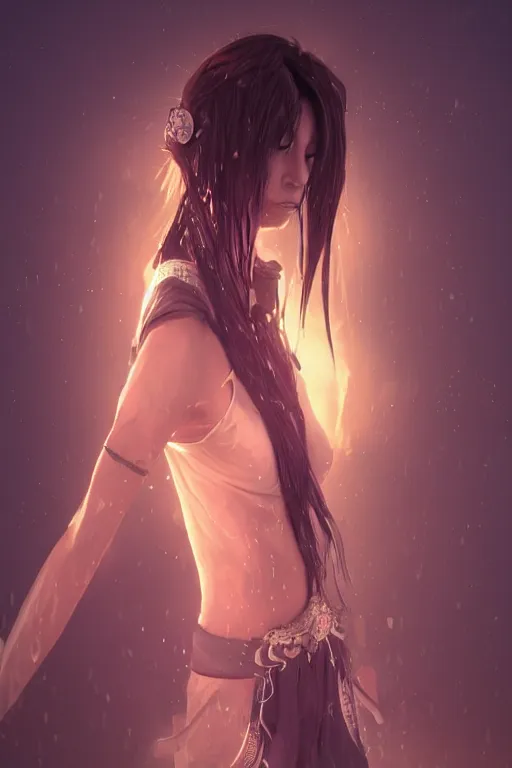 Prompt: fingers, necklace, around the neck : 6 character design : 2 midnight, illusion, stunning, breathtaking, majestic, asian fantasy, digital render, line art, unreal engine, de - noise, 8 k, volumetric lighting, symmetrical, pronounced features, detailed contrast, scattered mist, glow 3 d alejandro alvarez alena aenami