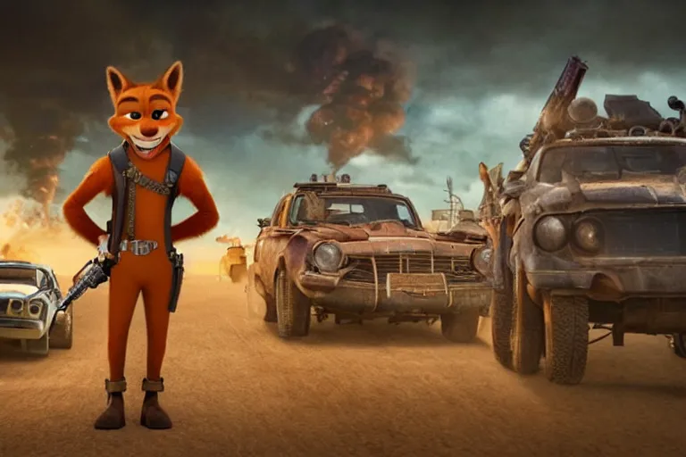 Image similar to nick wilde ( from zootopia ), heavily armed and armored facing down armageddon in a dark and gritty reboot from the makers of mad max : fury road