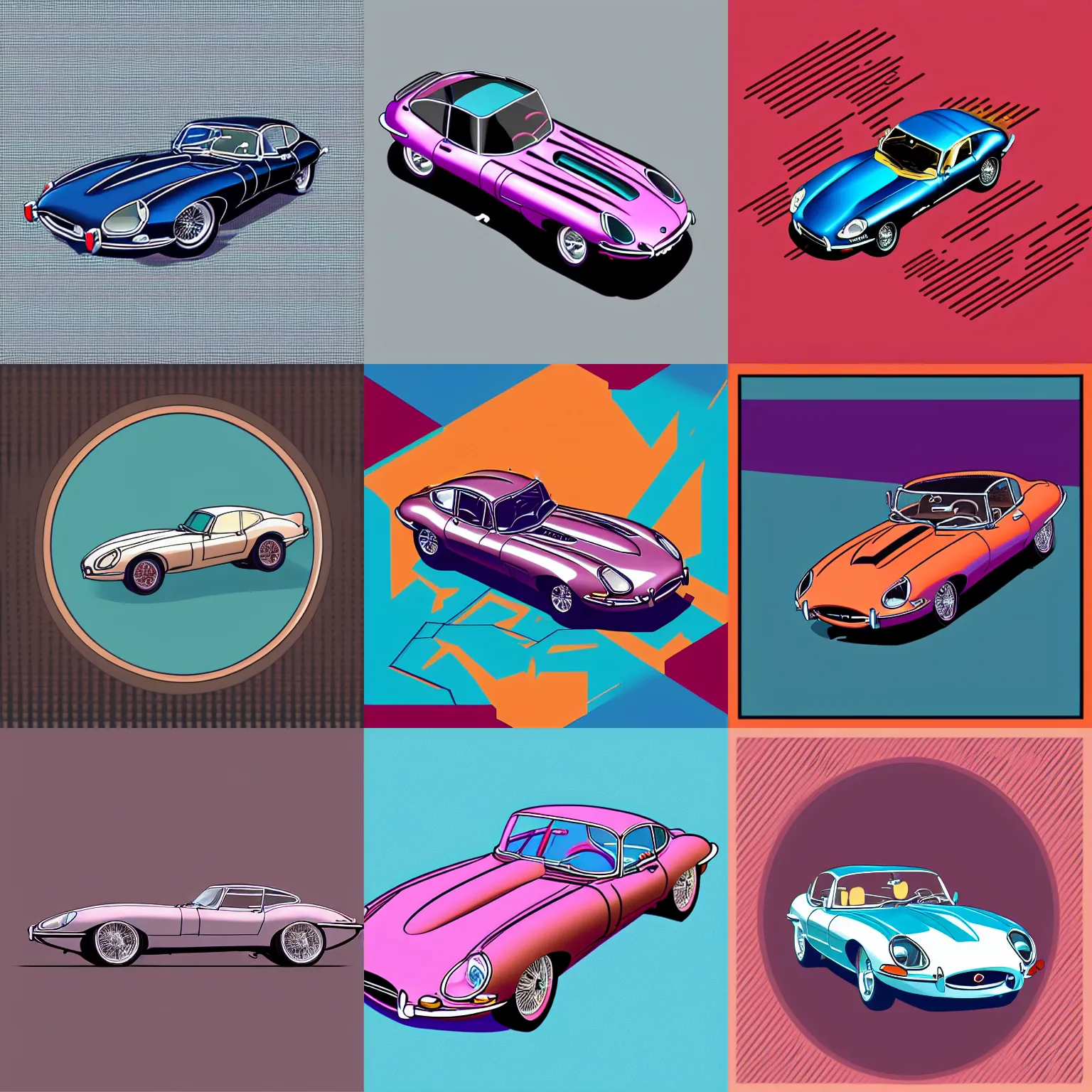 Prompt: Jaguar E-type, synthwave style, isometric illustration, technical drawing, vector art, album cover