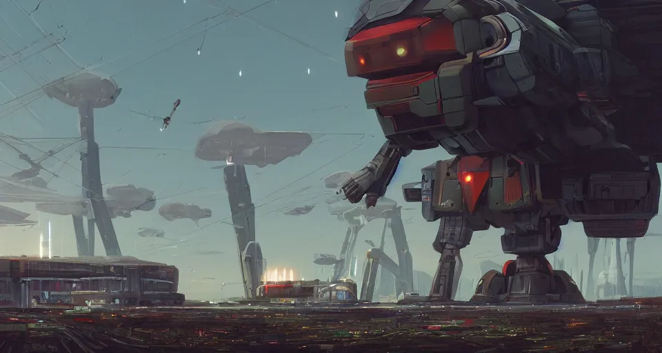 Prompt: Landscape with GIANT mechatronics megastructure looming in the distance fighting each other, inspired by gundam, cinematic, rendered by simon stålenhag, rendered by Beeple, Makoto Shinkai, syd meade, environment concept, digital art, unreal engine, 3 point perspective, WLOP, trending on artstation, low level, 4K UHD image, octane render,