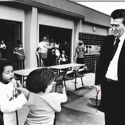 Prompt: “ ronald regan verbally abusing a crying child in front of a wendy ’ s fast food restaurant ”