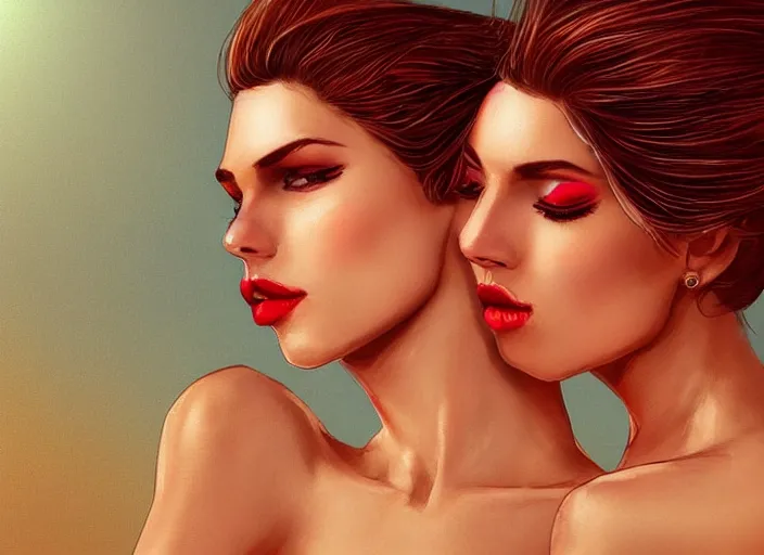 Image similar to woman love woman, sweet hugs, gold trim, atmoshperic, elegant, sharp focus, sand sea, red sun, huge lips, by kardie art ♥, trending on artstation, intricate details