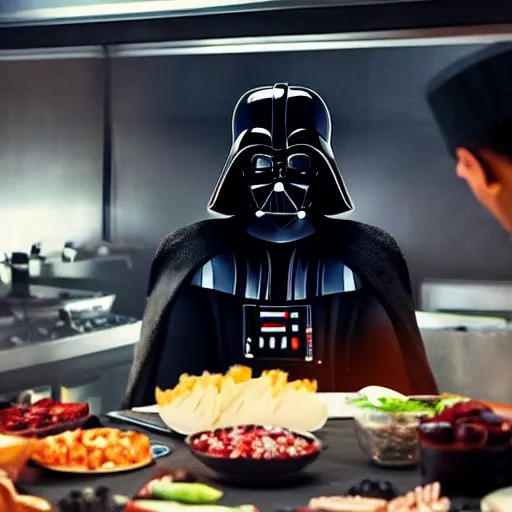 Prompt: A still of Darth Vader with a chef's hat, 4k, photograph, ultra realistic, highly detailed, professional lighting