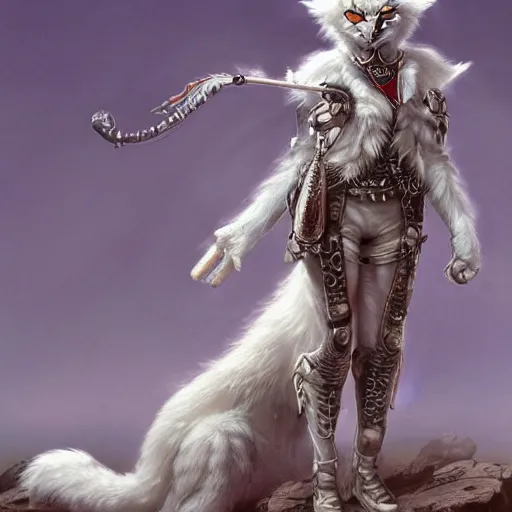 Prompt: white anthropomorphic lynx cat full body by Les Edwards and Noriyoshi Ohrai, furry art, steampunk fantasy style, 4k, trending on artstation