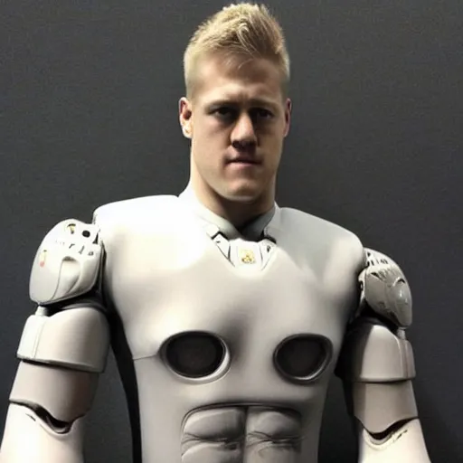 Image similar to “a realistic detailed photo of a guy who is an attractive humanoid who is half robot and half humanoid, who is a male android, football player JJ Watt, shiny skin, posing like a statue, blank stare”