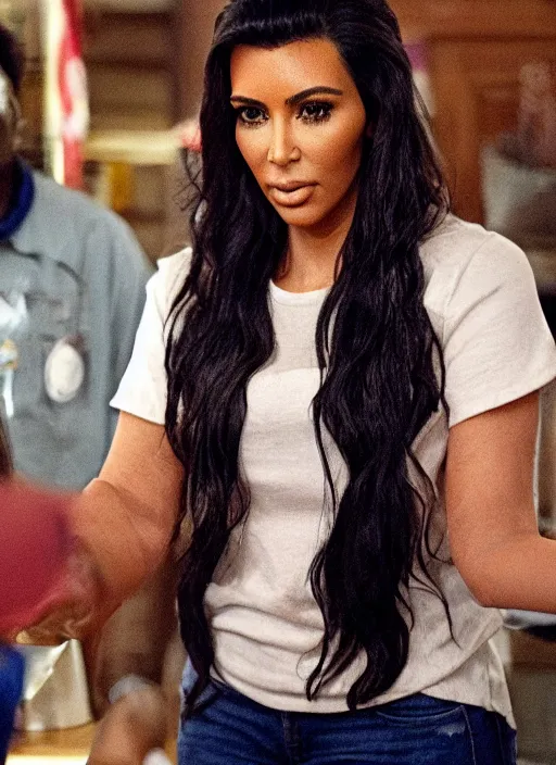 Prompt: film still of kim kardashian as smokey in Friday,