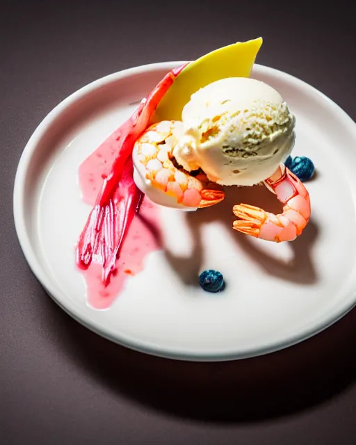 Image similar to dslr food photograph of an ice cream desert with a shrimp on. 8 5 mm f 1. 4