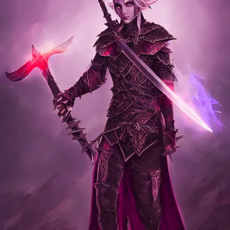 Prompt: A fantasy warrior elf. Glowing red eyes. Holding sword. Purple Aura. Intricate. Elegant portrait with gloomy cinematic background. Sharp focus. Concept art by Tian Zi