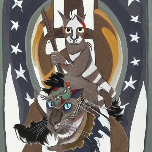 Prompt: a piebald warrior cat riding a large striped gray cat steed galloping into battle he holds the reigns with one paw and a battle flag with the other