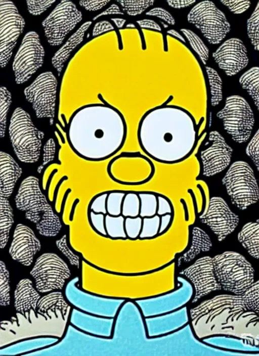 Image similar to junji ito style homer simpson, intricate, highly detailed, illustration, art by junji ito, junji ito