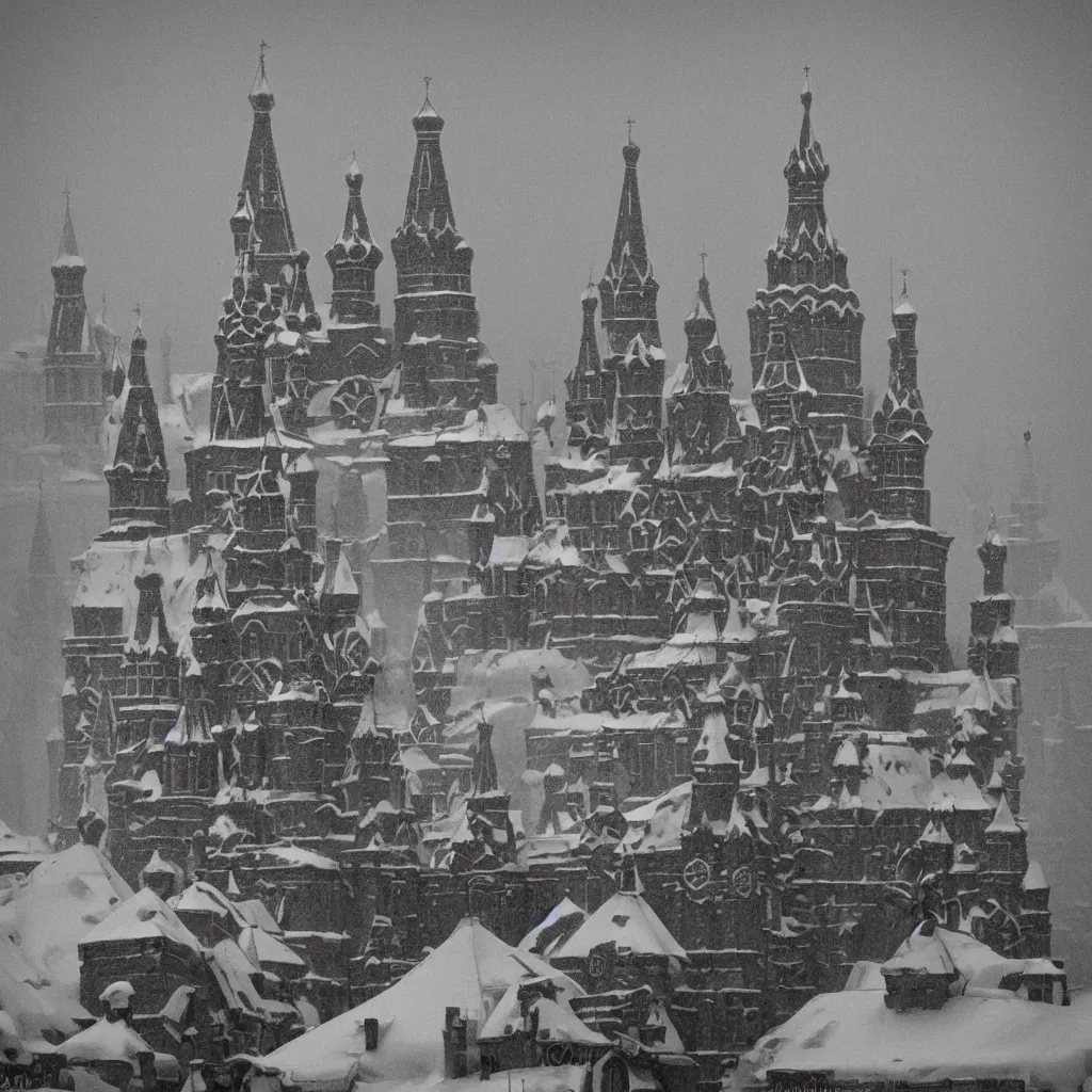 Prompt: minions serving under stalin, with a background of the kremlin in snow, sepia tone picture