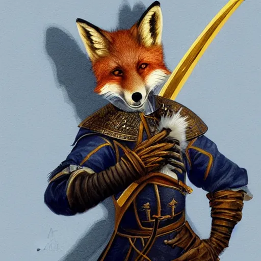 Prompt: anthropomorphic fox wielding a rapier and dagger, 17th century dutch attire, portrait, highly detailed, digital painting, artstation, concept art, sharp focus, illustration, art by artgerm and greg rutkowski and magali villeneuve, blue and gold color scheme