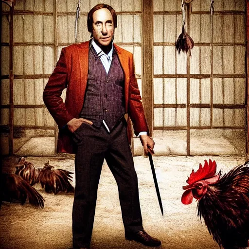 Image similar to saul goodman and a rooster in a medieval torture chamber, saw blades and knives in the background, horror movie, saul goodman, rooster, real life photo, detailed face