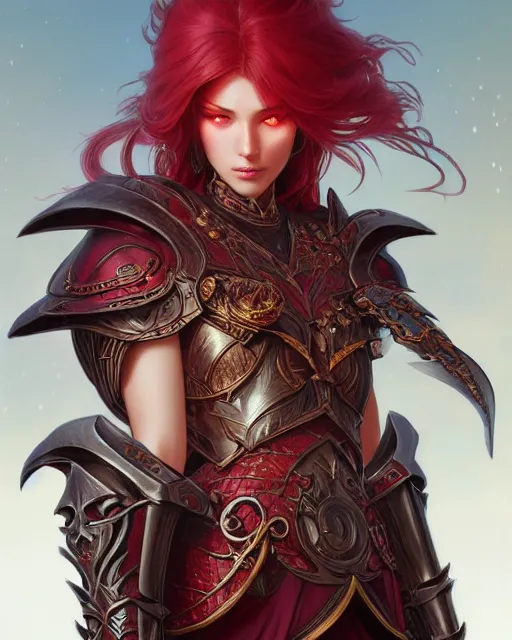 Image similar to Fantasy crimson knight, moonlit, HD, illustration, epic, D&D, fantasy, intricate, elegant, highly detailed, digital painting, artstation, concept art, smooth, sharp focus, illustration, art by artgerm and greg rutkowski and alphonse mucha, monster hunter illustrations art book