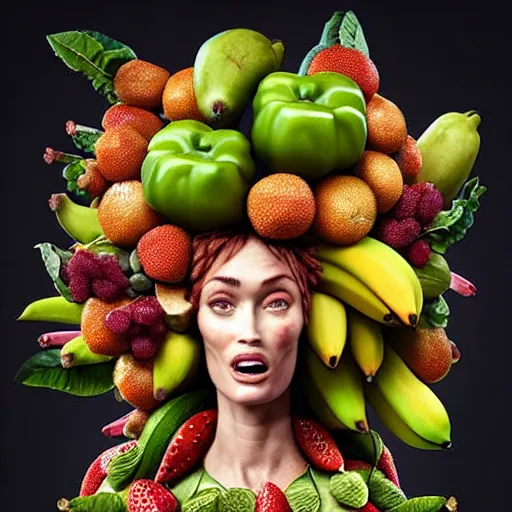 Prompt: fruit dryad by arcimboldo, fruit megan fox editorial by malczewski and arcimboldo, vegetables dryad sculpture by arcimboldo, stil frame from'cloudy with a chance of meatballs 2'( 2 0 1 3 ) of banana dryad, fruit hybrid megan fox editorial by alexander mcqueen and arcimboldo