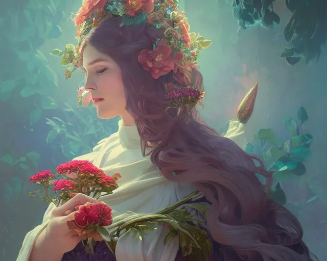 Image similar to a florist, photography of kurzgesagt, deep focus, d & d, fantasy, intricate, elegant, highly detailed, digital painting, artstation, concept art, matte, sharp focus, illustration, hearthstone, art by artgerm and greg rutkowski and alphonse mucha