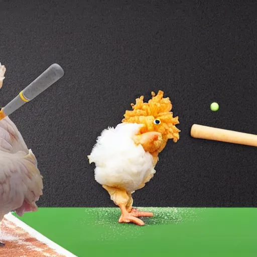 Prompt: chicken nugget getting hit by a baseball bat