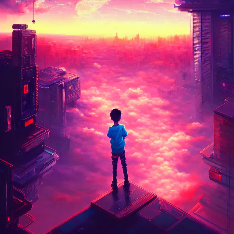 Image similar to a painting of a boy on top of a building watching a colorful sunrise futuristic city surrounded by clouds, cyberpunk art by yoshitaka amano and alena aenami, cg society contest winner, retrofuturism, matte painting, apocalypse landscape, cityscape