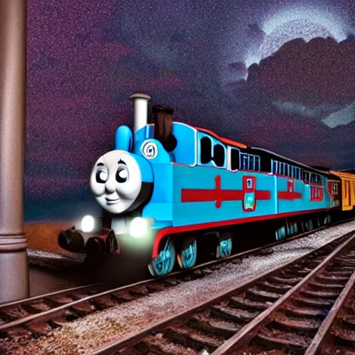 Image similar to Scary Thomas the Train with its glowing eyes at night ,grey and dark theme,creepy,gloomy