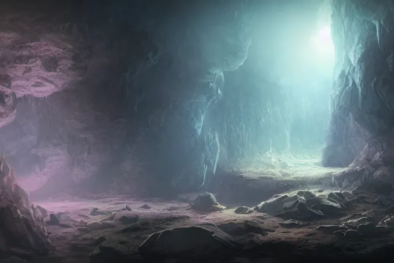 Prompt: beautiful stunning painting of a deep mysterious foggy rocky cave landscape filled with large magic glowing crystals and a small reflective pond, fantasy, digital art, volumetric light, realism, trending on artstation