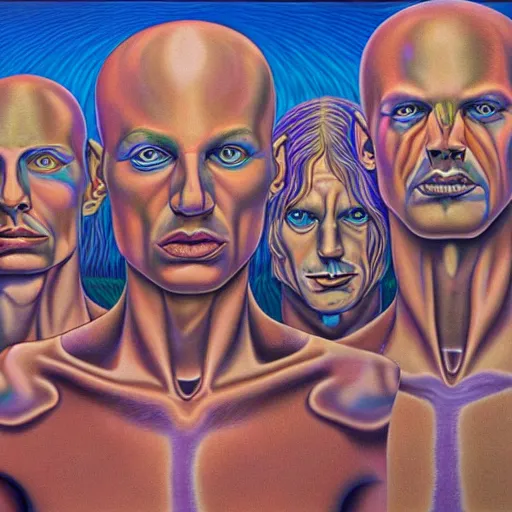 Image similar to a hyperrealistic painting of pink floyd by Alex Grey,