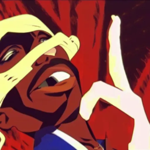 Image similar to Tupac Shakur, screenshot from a 2012s anime