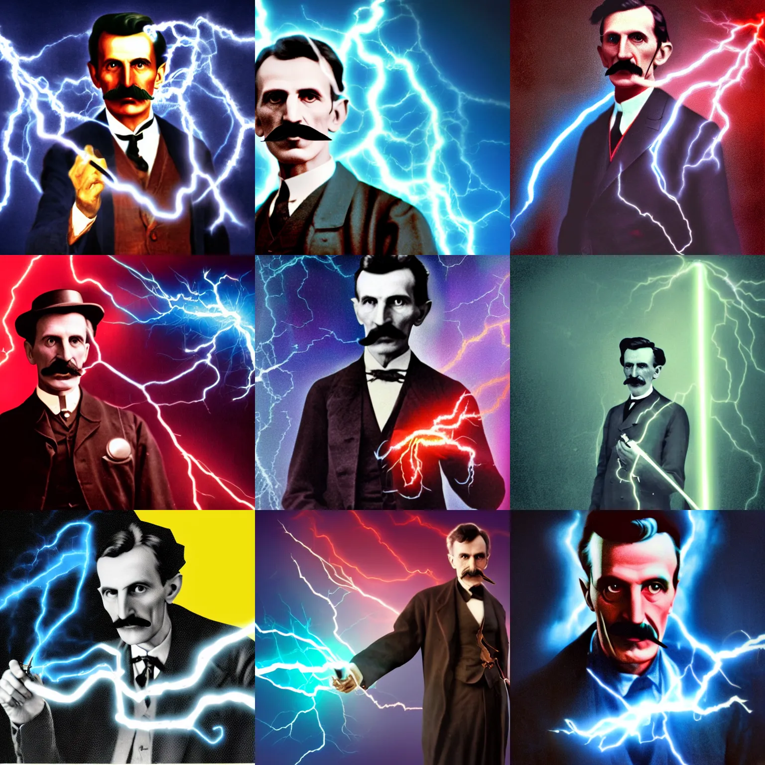 Prompt: color photograph of Nicola Tesla Nikola Tesla holding a tesla gun with lightning, tesla coil, mustache, dynamic lightning, 4k, modern photograph, digital art