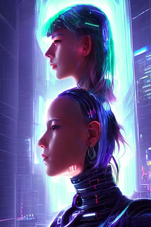 Prompt: portrait futuristic superb cyberpunk young female Summoner, in futuristic stormy heavy snowy thunder flashing tokyo rooftop cyberpunk night, ssci-fi, fantasy, intricate, very very beautiful, elegant, neon light, highly detailed, digital painting, artstation, concept art, soft light, hdri, smooth, sharp focus, illustration, art by tian zi and craig mullins and WLOP and alphonse mucha