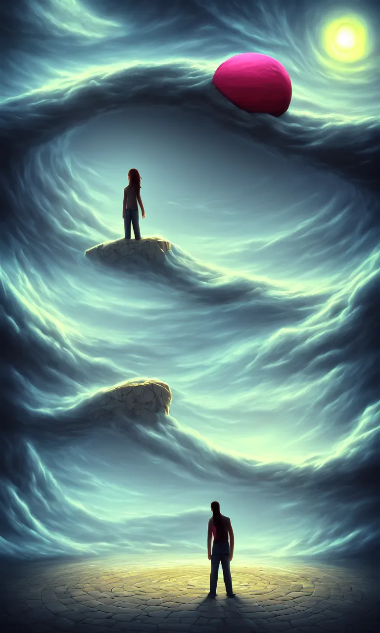 Image similar to a person standing in front of a large circular object, an album cover by cyril rolando, deviantart, magic realism, photoillustration, apocalypse art, matte drawing