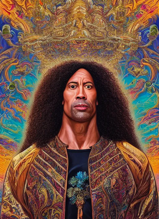 Image similar to beautiful oil painting, full length portrait of Dwayne the rock Johnson as Louis xiv in coronation robes 1701, Dan Mumford, Dan Mumford, Alex grey, highly detailed , dmt fractal patterns, hallucinogen, visionary art, psychedelic art, ornate, vaporwave