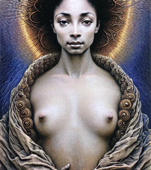 Prompt: detailed realistic beautiful young sade adu face portrait by jean delville, gustave dore and marco mazzoni, art nouveau, symbolist, visionary, ornate, baroque, intricate fractal, maximalism. horizontal symmetry by zdzisław beksinski, iris van herpen, raymond swanland and alphonse mucha. highly detailed, hyper - real, beautiful