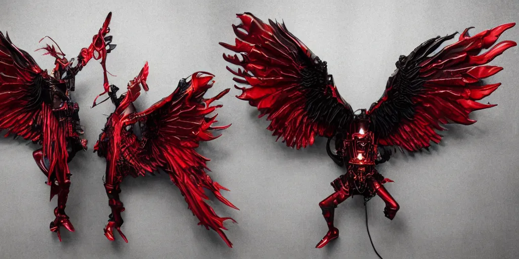 Prompt: pair of red mechanical demon wings, steampunk style, highly detailed, red houdini particle effects, glow, black background