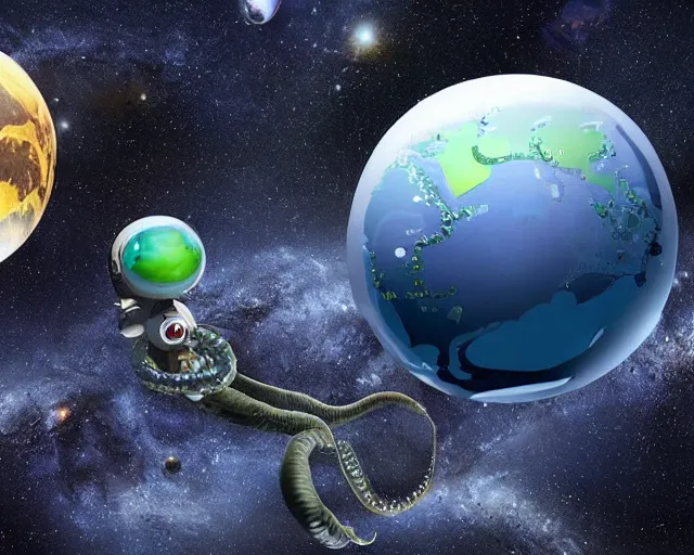 Prompt: an artist’s interpretation of an octopus in a space suit, floating in space next to a space shuttle, the earth planet in the background