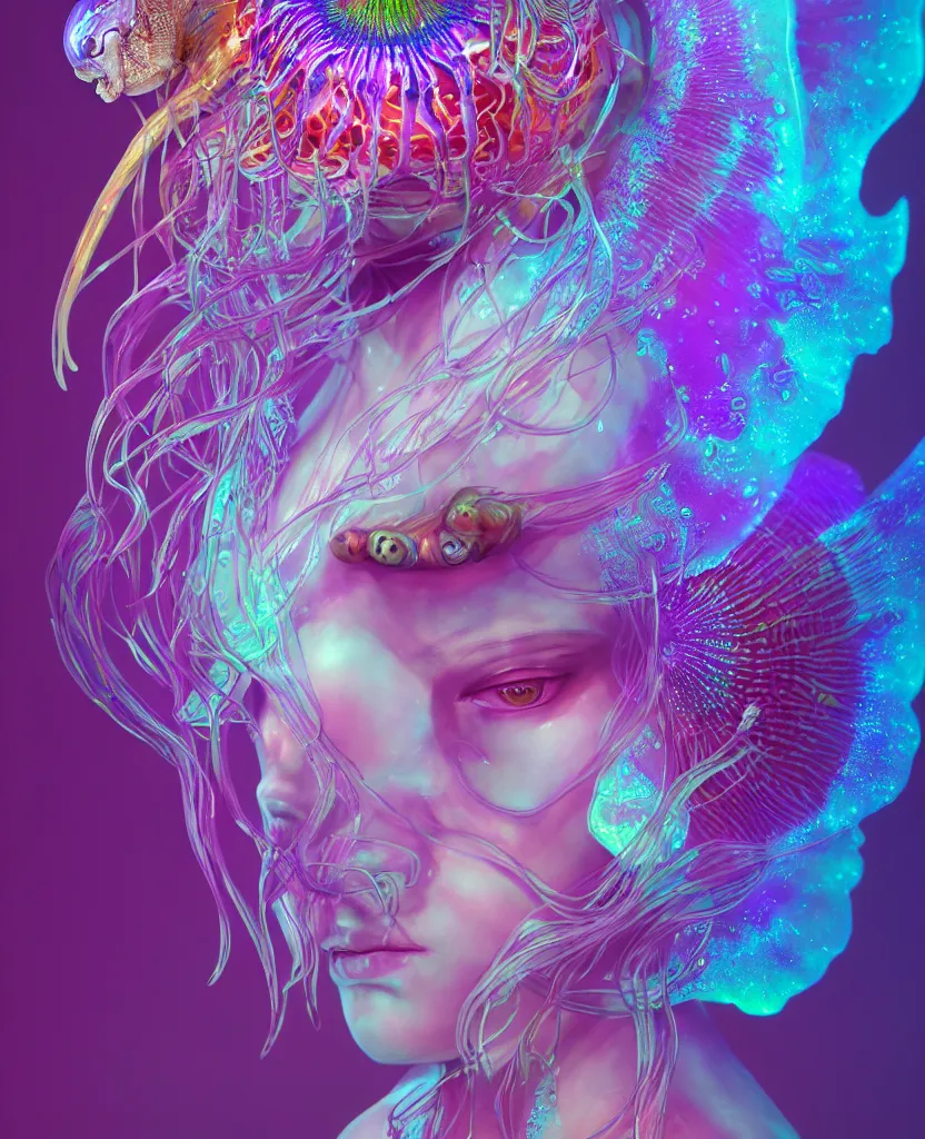 Prompt: goddess close-up portrait. dichroic orchid jellyfish phoenix head, nautilus, skull, betta fish, bioluminiscent creatures, intricate artwork by Tooth Wu and wlop and beeple. octane render, trending on artstation, greg rutkowski very coherent symmetrical artwork. cinematic, hyper realism, high detail, octane render, 8k