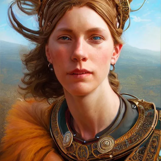 Image similar to an portrait of an happy female celt, detailed, centered, digital painting, artstation, concept art, donato giancola, Joseph Christian Leyendecker, WLOP, Boris Vallejo, Breathtaking, 8k resolution, extremely detailed, beautiful, establishing shot, artistic, hyperrealistic, beautiful face, octane render