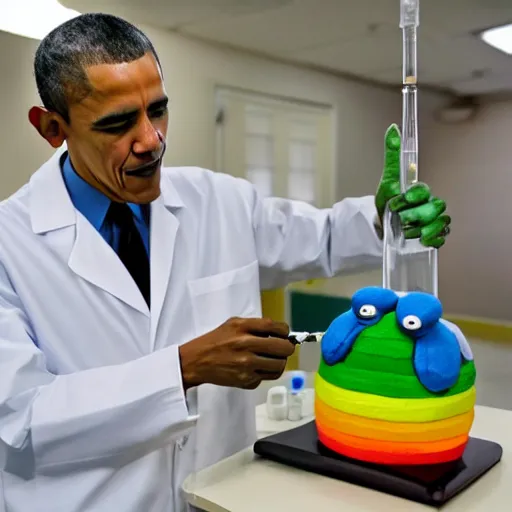 Image similar to a photograph of barack obama wearing a lab coat injecting a frog with a rainbow in a syringe