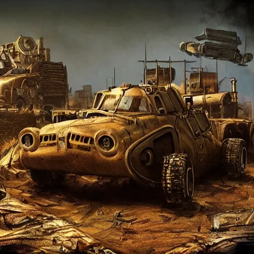 Image similar to a post-apocalyptic futuristic tank in the style of mad-max in the style of fallout in the style of metro:2033 trending on artstation deviantart Pinterest detailed realistic HD 8k High Resolution