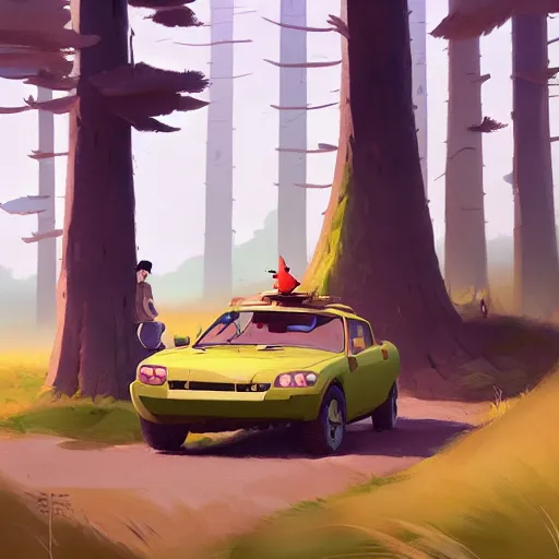 Image similar to goro fujita ilustration hikers parking the car in the forest, painting by goro fujita, characterized by masamune shirow and greg rutkowski, character art, focus, highly detailed, artstation