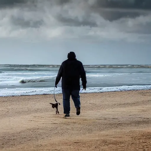 Image similar to World is Ending while man is walking dog on a beach