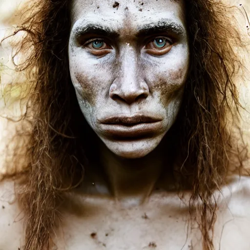 Prompt: minimalist photography portrait of a neanderthal woman, symmetrical, super close up, facial scar, mid thirties, freckles, cute round slanted eyes, sunburn, wide nostrils, high cheekbones, high flat eyebrows, ethereal essence, angelic, leica 1 0 0 mm f 0. 8