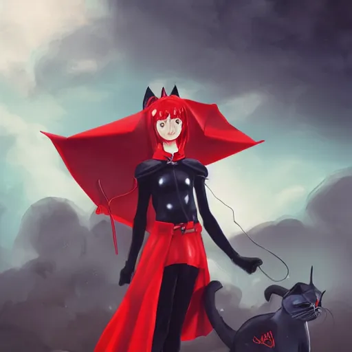 Prompt: little boy with cat ears in an black latex suit with red cape. digital artwork made by lois van baarle and kentaro miura, sharpness focus, anatomically correct