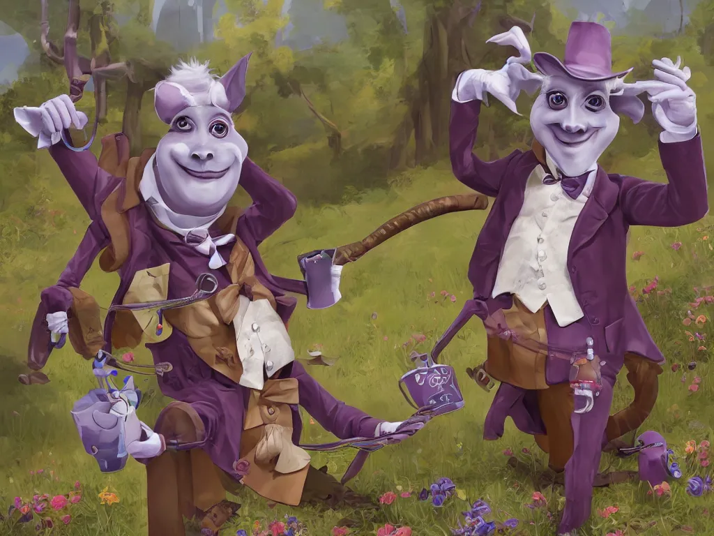 Image similar to an anthropomorphic donkey dressed up as Willy Wonka, digital art, trending on artstation, highly detailed