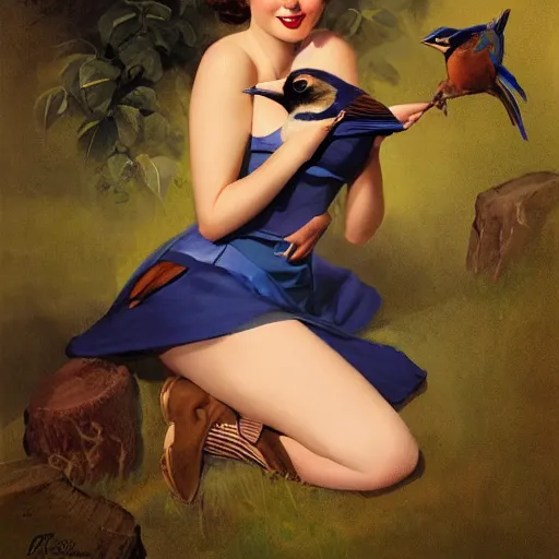 Image similar to portrait of a pinup girl holding an indigo bunting, bird, the bird is wearing a bowtie, by greg rutkowski, rossdraws, gil elvgren, enoch bolles